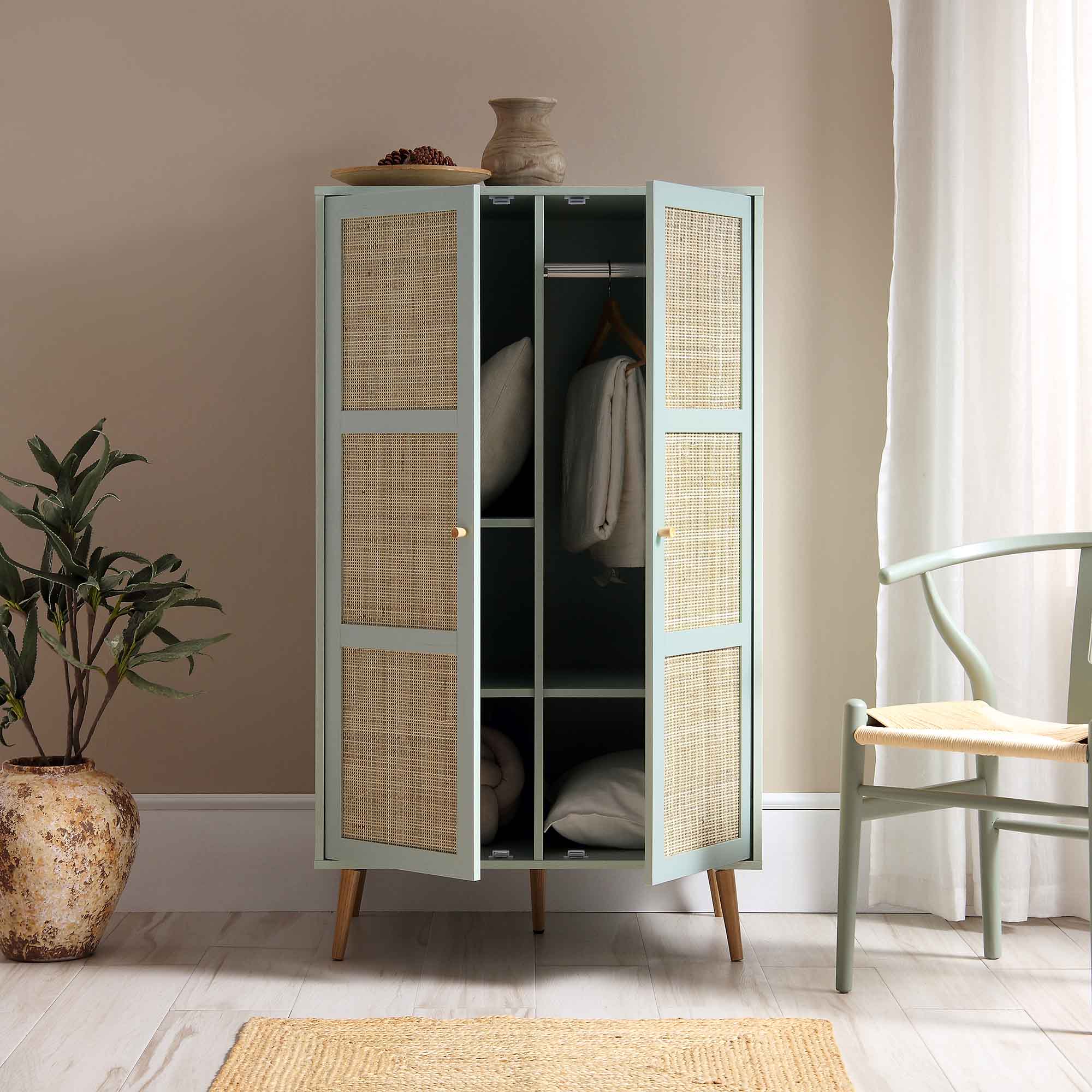 Frances Woven Rattan Compact Double Closet, Mint Green | daals.com