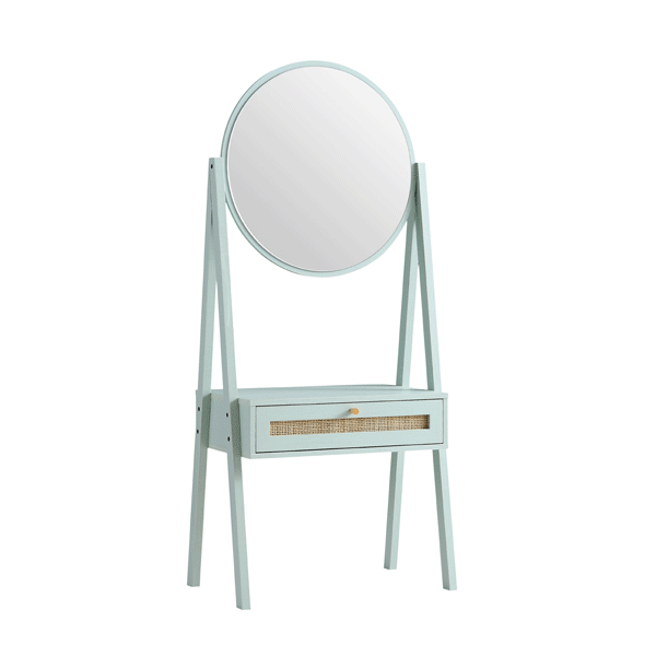 Frances Woven Rattan Standing Vanity Table with Mirror, Mint