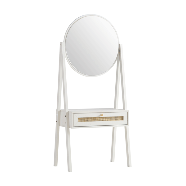 Frances Woven Rattan Standing Vanity Table with Mirror, White