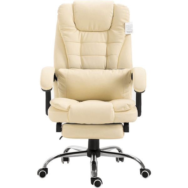 Executive Reclining Computer Desk Chair with Footrest, Headrest and Lumbar Cushion Support Furniture, MR34 Cream PU Leather - daals