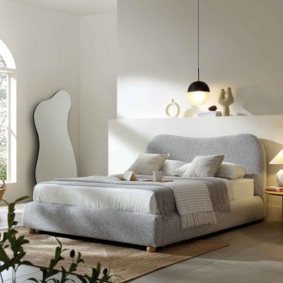 Egerie Curved Headboard Mist Gray Boucle Ottoman Storage Bed