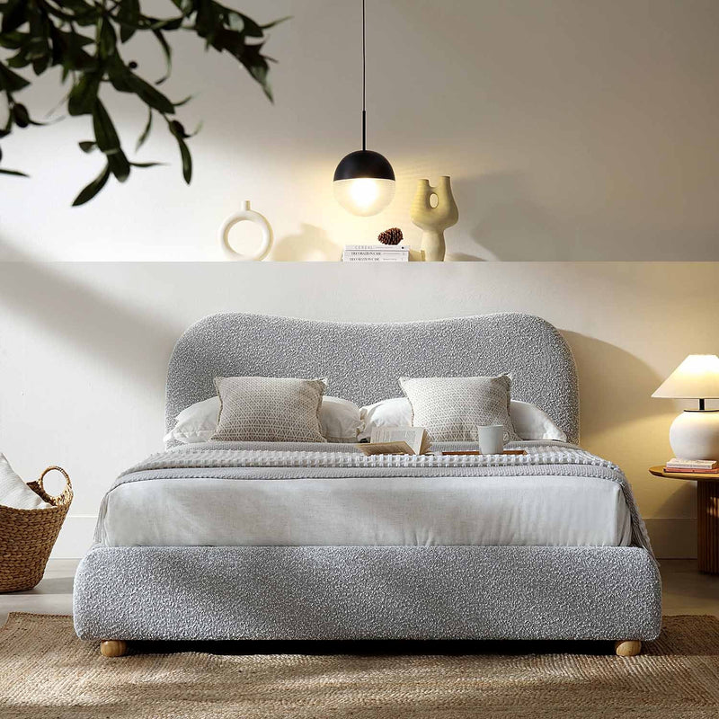 Egerie Curved Headboard Mist Gray Boucle Ottoman Storage Bed