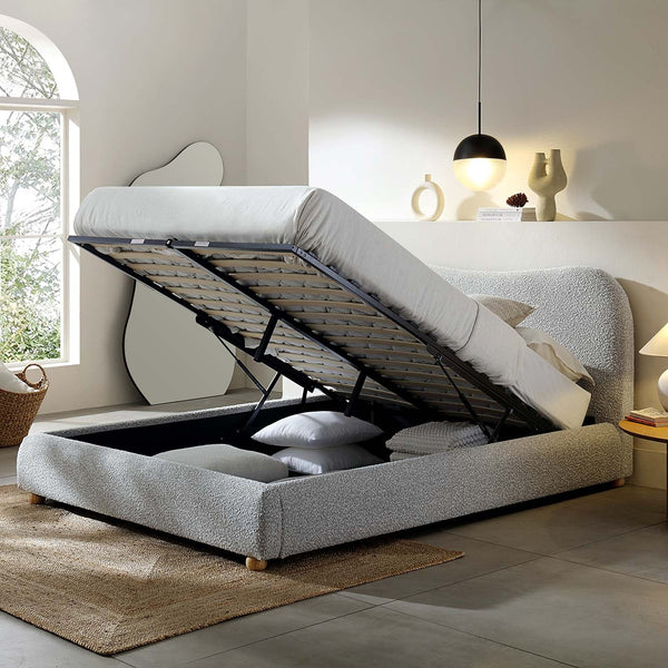 Egerie Curved Headboard Mist Gray Boucle Ottoman Storage Bed