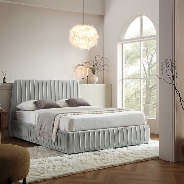 Helia Pleated Ottoman Storage Bed, Silver Gray Velvet