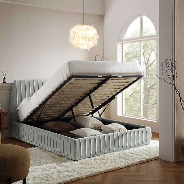 Helia Pleated Ottoman Storage Bed, Silver Gray Velvet