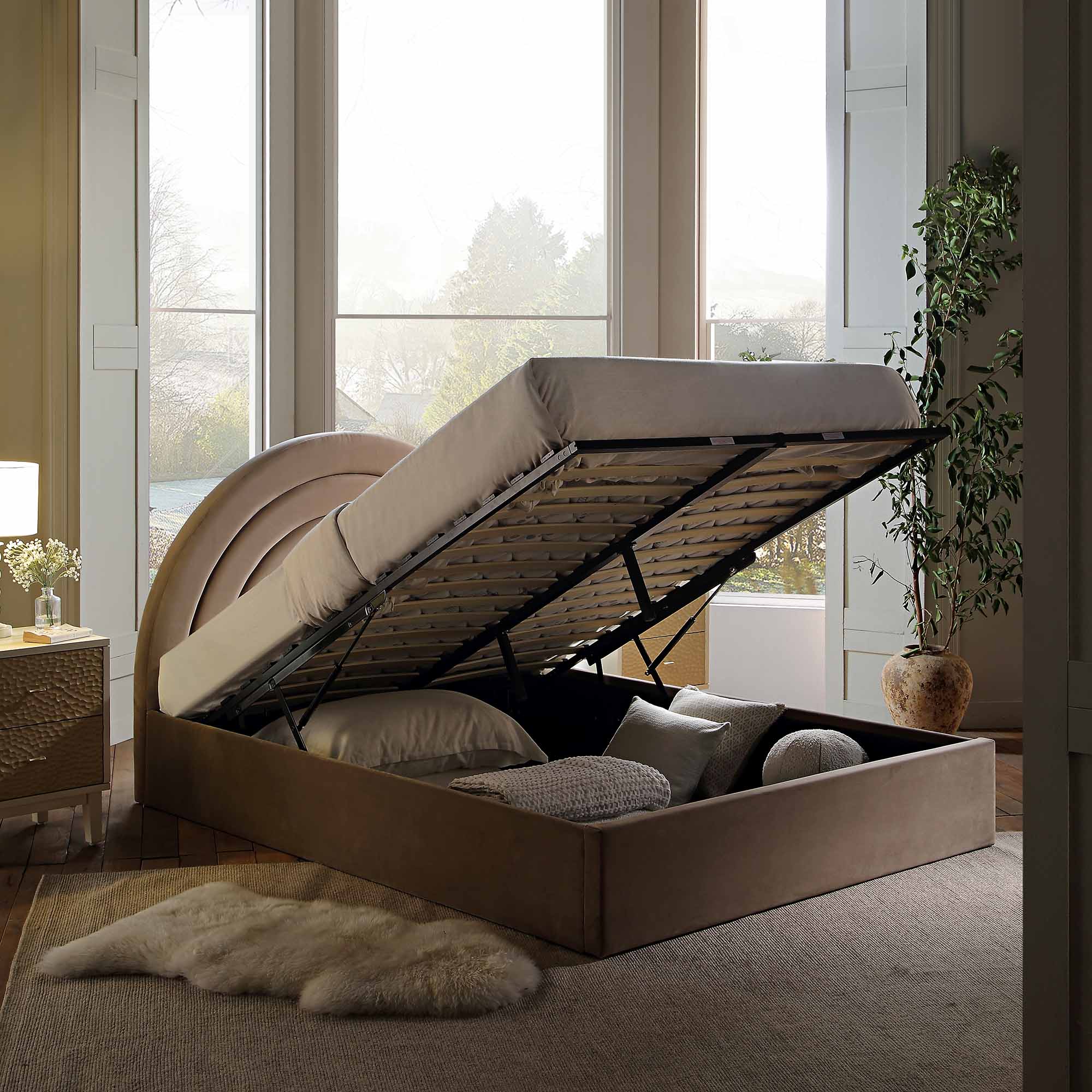 Winged Plush Velvet Ottoman Storage Bed Frame – Gas Lift Up, With Headboard (Double/King)