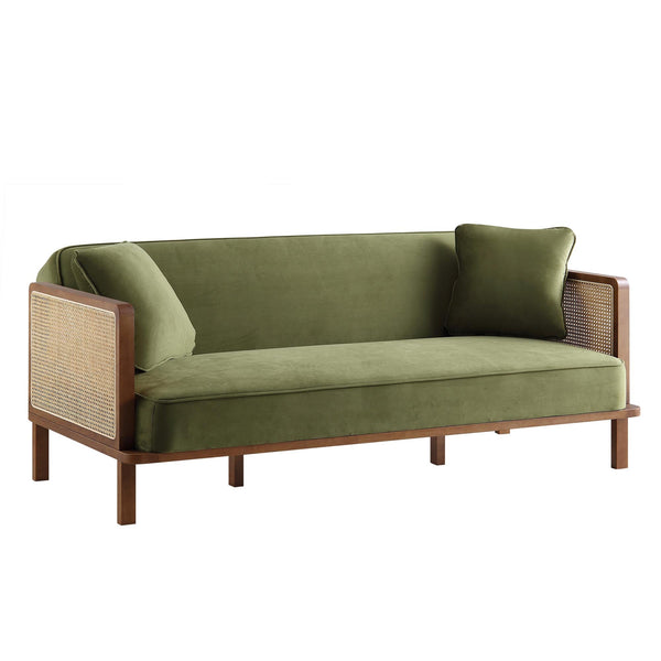 Pienza Cane Sofa Bed, Moss Green Velvet with Walnut Frame