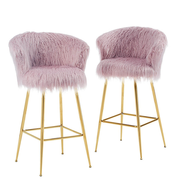 Kylie Set of 2 Pink Plush Shaggy Faux Fur Bar Stools