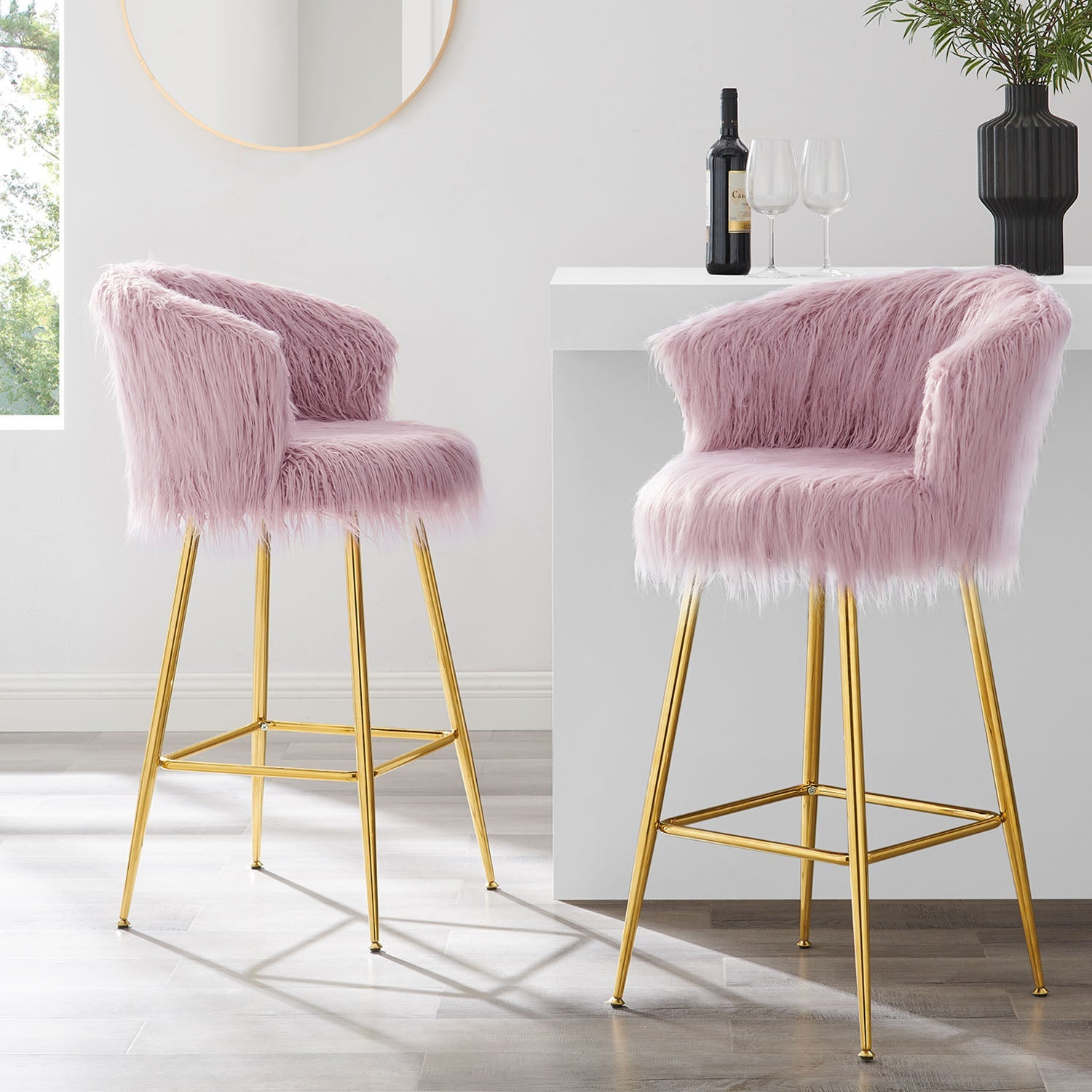 Kylie Set of Pink Plush Shaggy Faux Fur Bar Stools