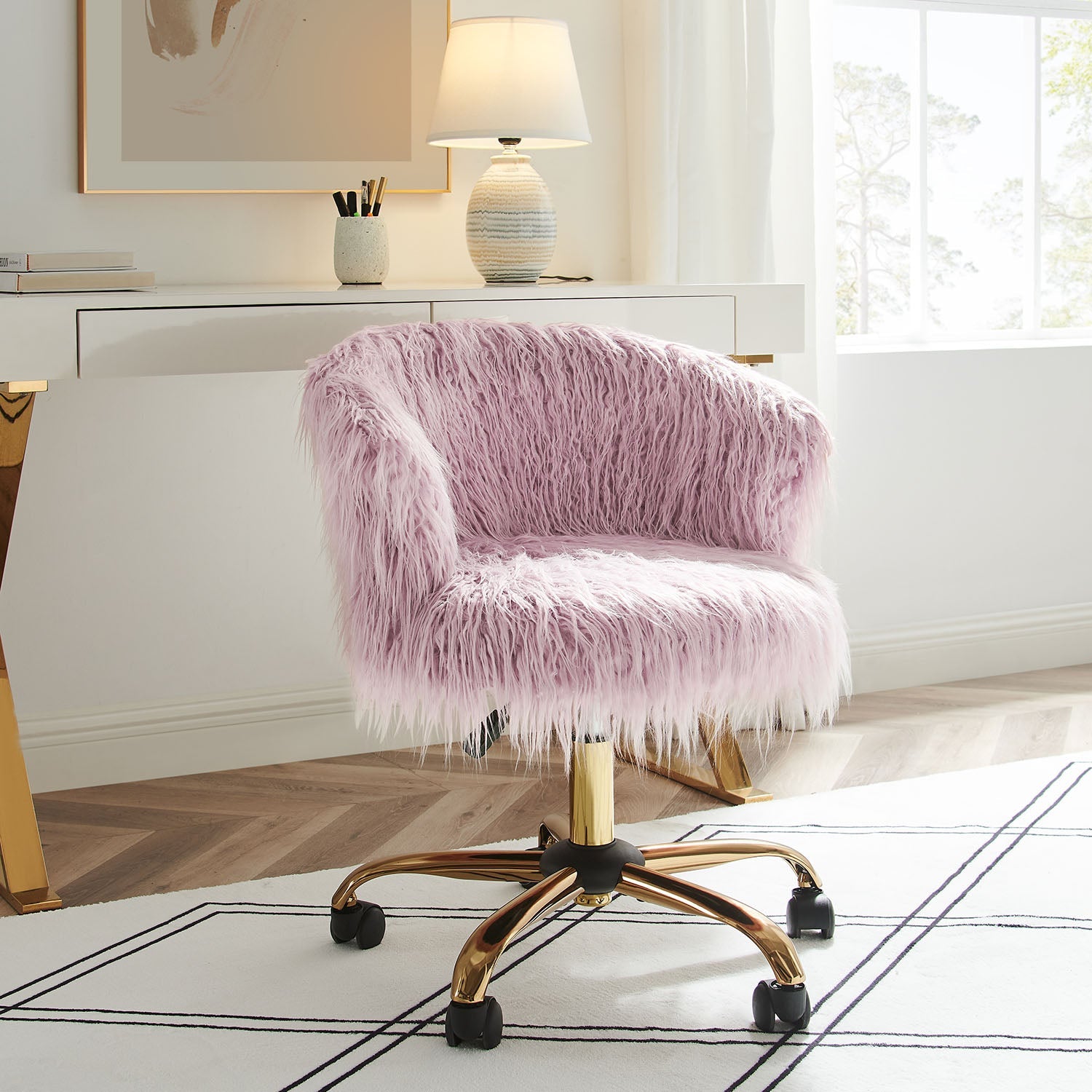 Kylie Plush Shaggy Faux Fur Swivel Chair, Pink - Main Image