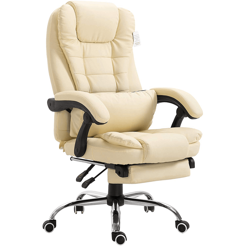 Executive Reclining Computer Desk Chair with Footrest, Headrest and Lumbar Cushion Support Furniture, MR34 Cream PU Leather - daals