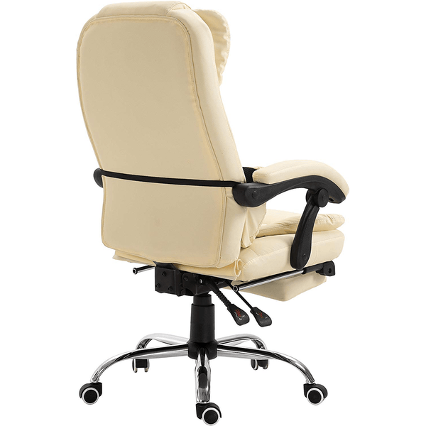 Executive Reclining Computer Desk Chair with Footrest, Headrest and Lumbar Cushion Support Furniture, MR34 Cream PU Leather - daals