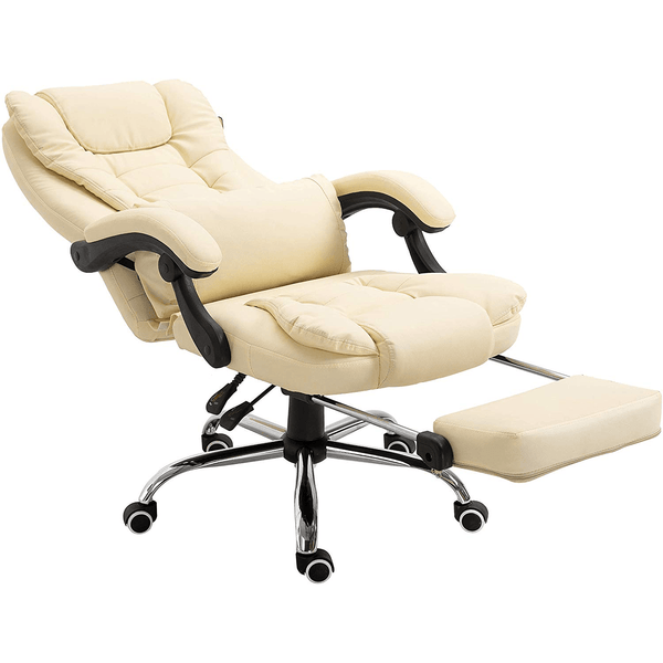 Executive Reclining Computer Desk Chair with Footrest, Headrest and Lumbar Cushion Support Furniture, MR34 Cream PU Leather - daals