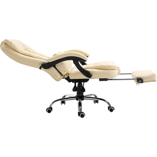 Executive Reclining Computer Desk Chair with Footrest, Headrest and Lumbar Cushion Support Furniture, MR34 Cream PU Leather - daals