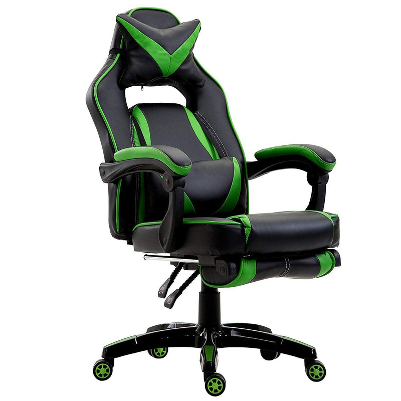 High Back Recliner Gaming Swivel Chair with Footrest & Adjustable Lumbar & Head Cushion, MR49 Black & Green - daals
