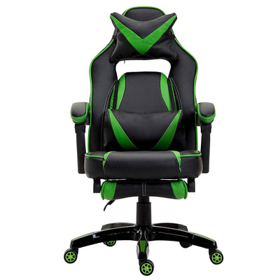 High Back Recliner Gaming Swivel Chair with Footrest & Adjustable Lumbar & Head Cushion, MR49 Black & Green