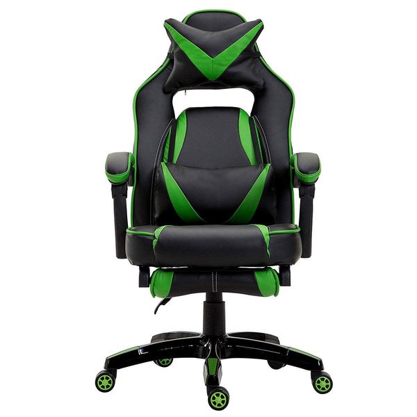High Back Recliner Gaming Swivel Chair with Footrest & Adjustable Lumbar & Head Cushion, MR49 Black & Green - daals