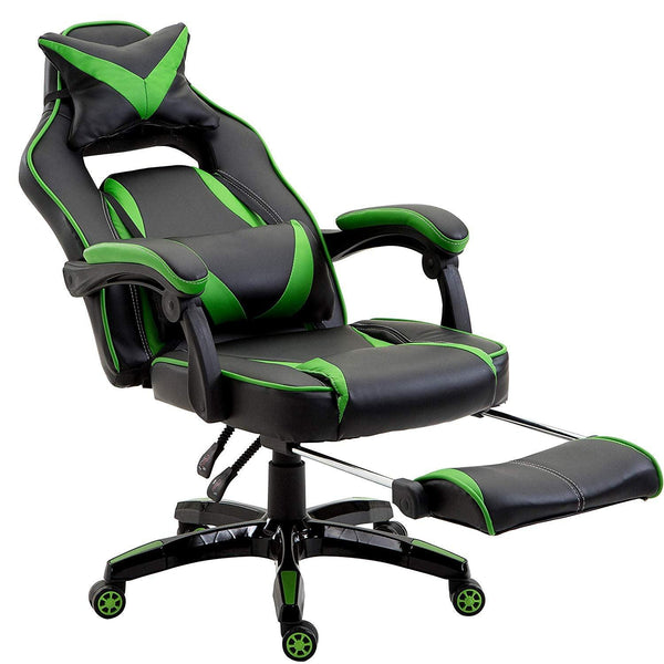 High Back Recliner Gaming Swivel Chair with Footrest & Adjustable Lumbar & Head Cushion, MR49 Black & Green - daals