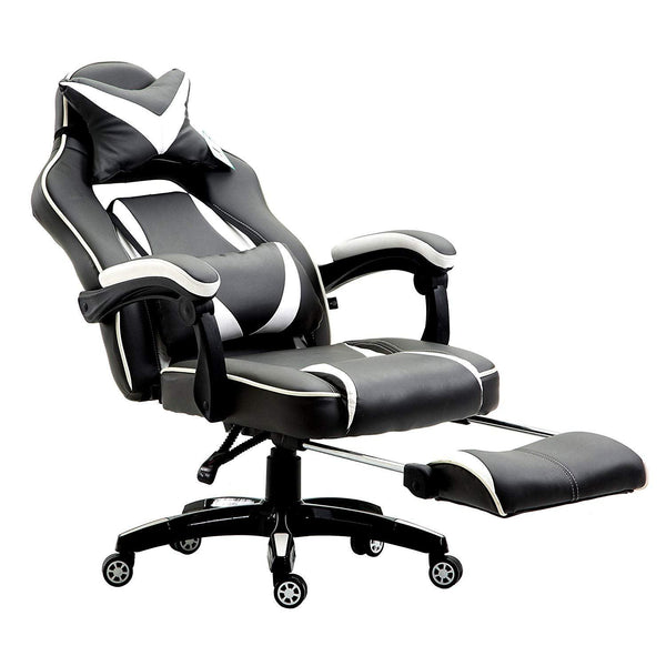 High Back Recliner Gaming Swivel Chair with Footrest & Adjustable Lumbar & Head Cushion, MR49 Black & White - daals