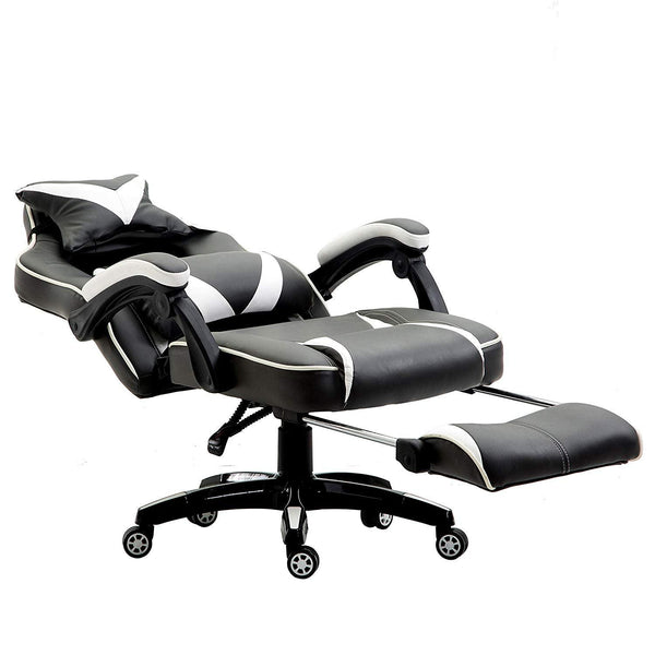 High Back Recliner Gaming Swivel Chair with Footrest & Adjustable Lumbar & Head Cushion, MR49 Black & White - daals