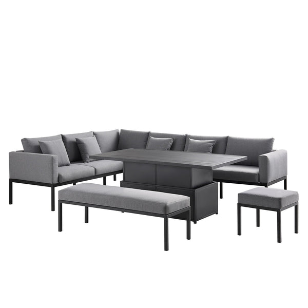 Calabasas Large Outdoor Fabric and Aluminum Corner Casual Dining Set with Rising Table, Dark Gray