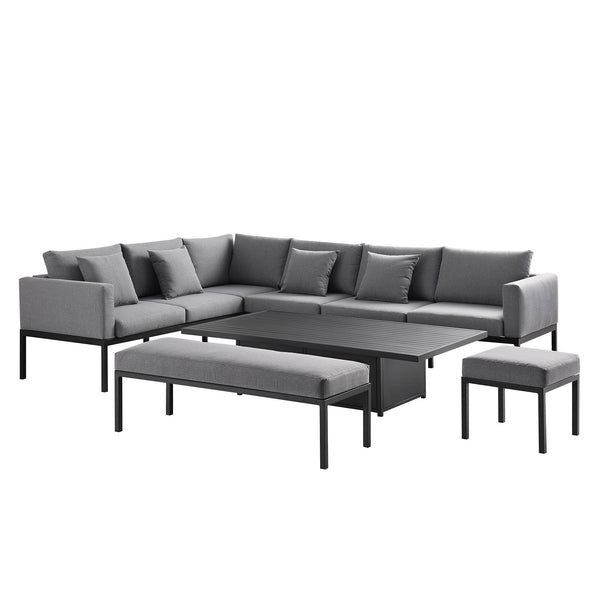 Calabasas Large Outdoor Fabric and Aluminum Corner Casual Dining Set with Rising Table, Dark Gray