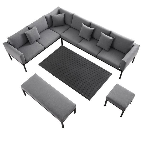 Calabasas Large Outdoor Fabric and Aluminum Corner Casual Dining Set with Rising Table, Dark Gray