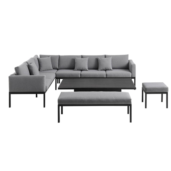 Calabasas Large Outdoor Fabric and Aluminum Corner Casual Dining Set with Rising Table, Dark Gray