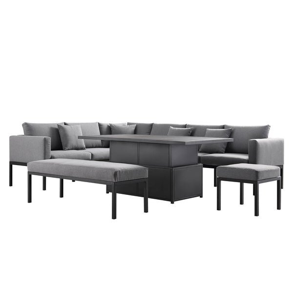 Calabasas Large Outdoor Fabric and Aluminum Corner Casual Dining Set with Rising Table, Dark Gray