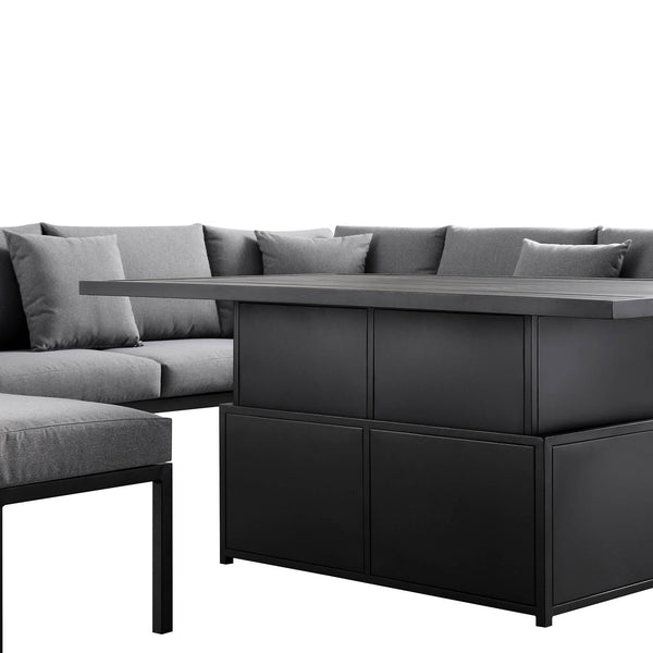 Calabasas Large Outdoor Fabric and Aluminum Corner Casual Dining Set with Rising Table, Dark Gray