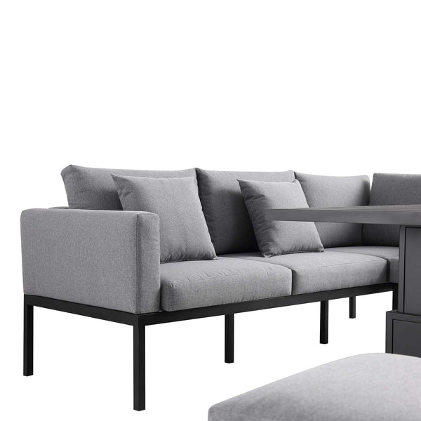 Calabasas Large Outdoor Fabric and Aluminum Corner Casual Dining Set with Rising Table, Dark Gray