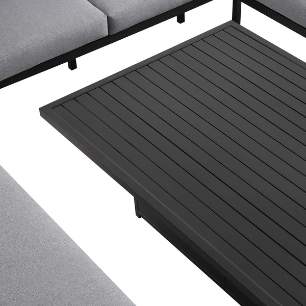 Calabasas Large Outdoor Fabric and Aluminum Corner Casual Dining Set with Rising Table, Dark Gray