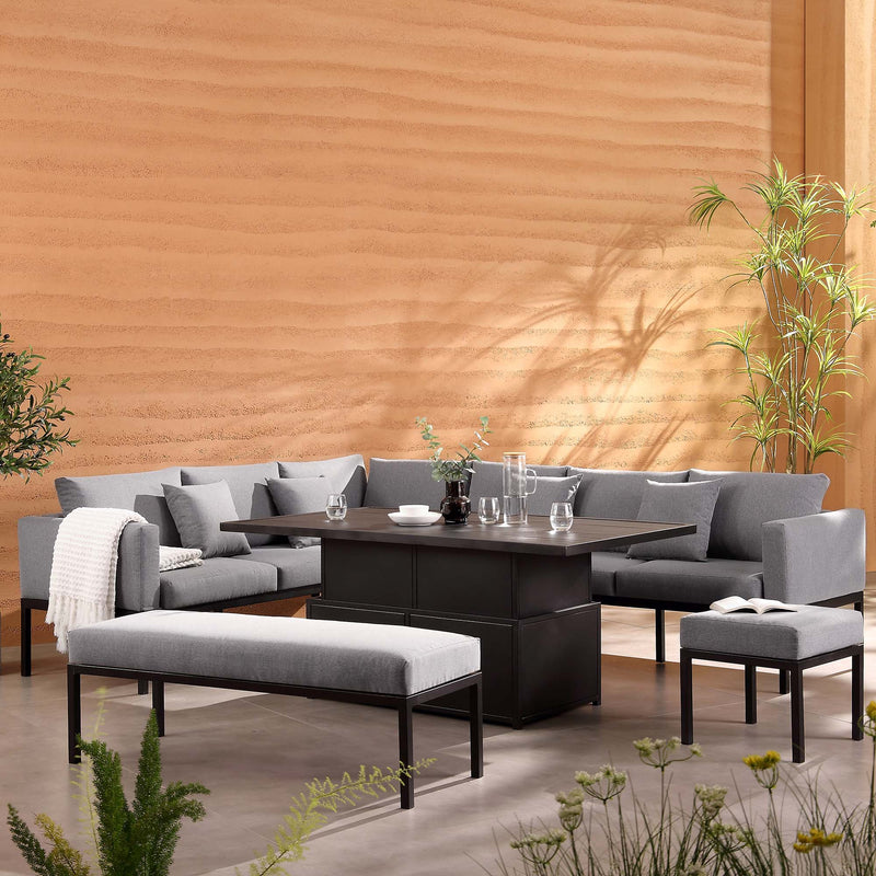 Calabasas Large Outdoor Fabric and Aluminum Corner Casual Dining Set with Rising Table, Dark Gray