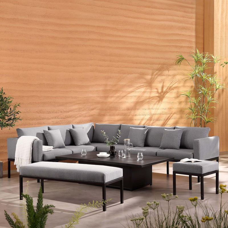 Calabasas Large Outdoor Fabric and Aluminum Corner Casual Dining Set with Rising Table, Dark Gray