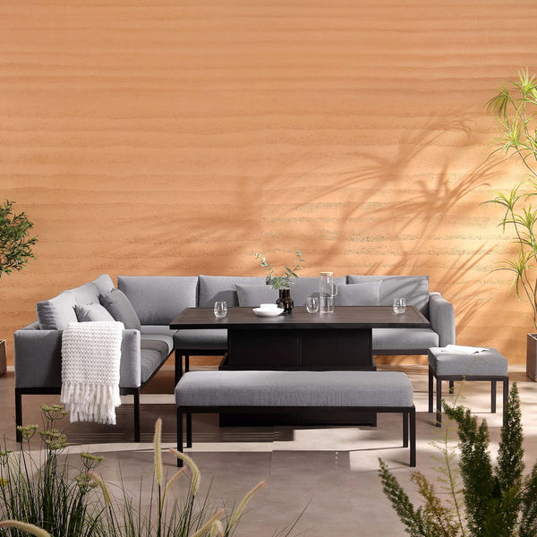 Calabasas Large Outdoor Fabric and Aluminum Corner Casual Dining Set with Rising Table, Dark Gray