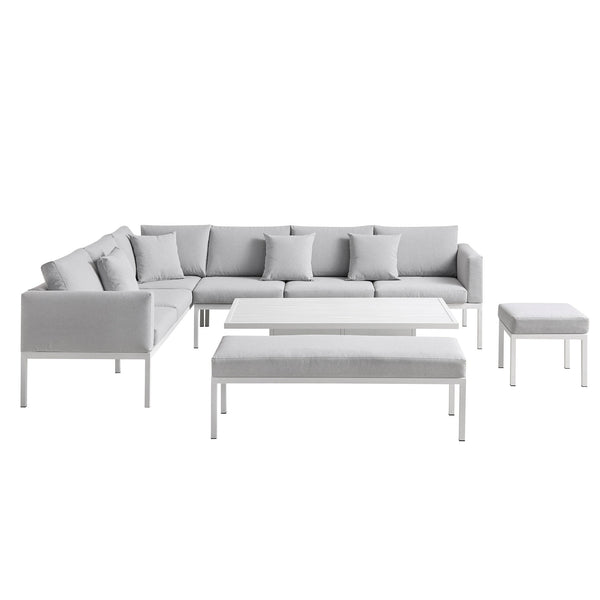 Calabasas Large Outdoor Fabric and Aluminum Corner Casual Dining Set with Rising Table, Light Gray