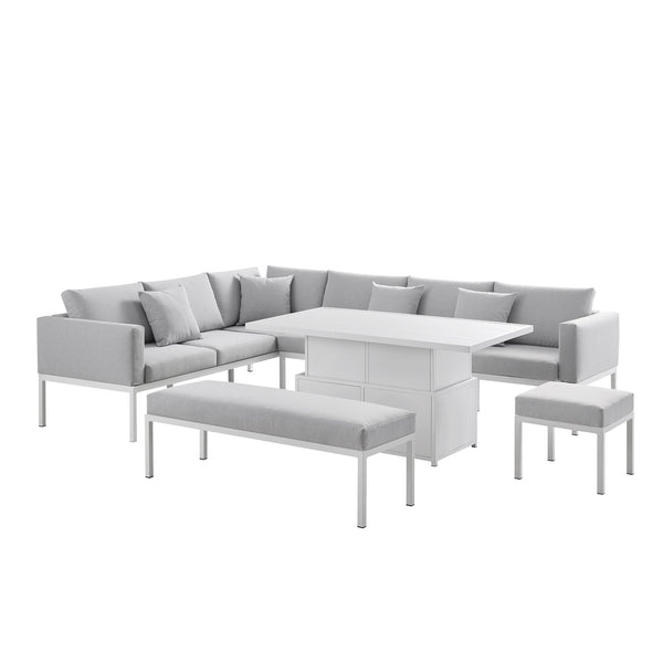 Calabasas Large Outdoor Fabric and Aluminum Corner Casual Dining Set with Rising Table, Light Gray