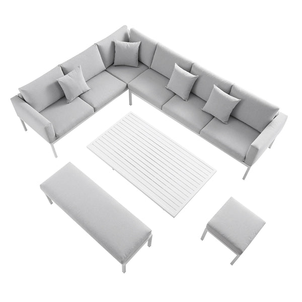 Calabasas Large Outdoor Fabric and Aluminum Corner Casual Dining Set with Rising Table, Light Gray