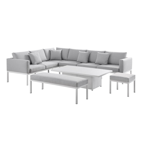 Calabasas Large Outdoor Fabric and Aluminum Corner Casual Dining Set with Rising Table, Light Gray