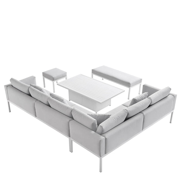 Calabasas Large Outdoor Fabric and Aluminum Corner Casual Dining Set with Rising Table, Light Gray