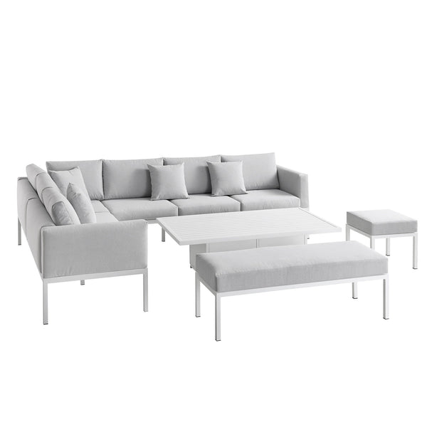 Calabasas Large Outdoor Fabric and Aluminum Corner Casual Dining Set with Rising Table, Light Gray
