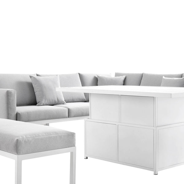 Calabasas Large Outdoor Fabric and Aluminum Corner Casual Dining Set with Rising Table, Light Gray