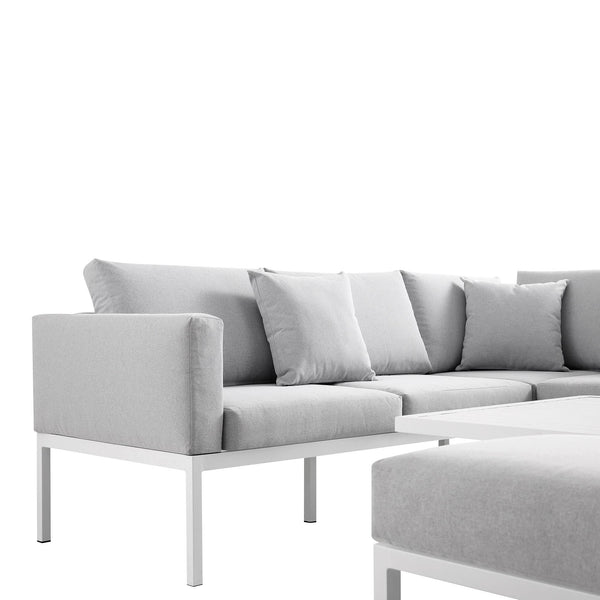 Calabasas Large Outdoor Fabric and Aluminum Corner Casual Dining Set with Rising Table, Light Gray