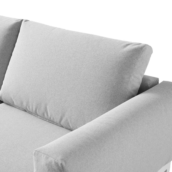 Calabasas Large Outdoor Fabric and Aluminum Corner Casual Dining Set with Rising Table, Light Gray