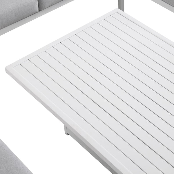 Calabasas Large Outdoor Fabric and Aluminum Corner Casual Dining Set with Rising Table, Light Gray