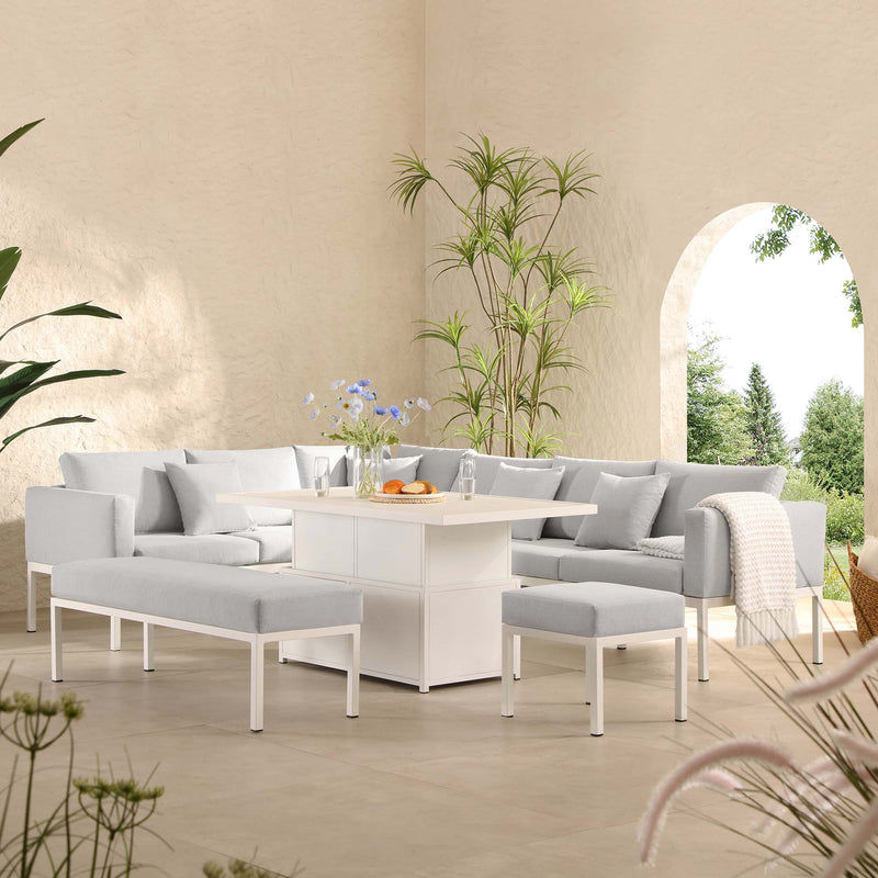 Calabasas Large Outdoor Fabric and Aluminum Corner Casual Dining Set with Rising Table, Light Gray