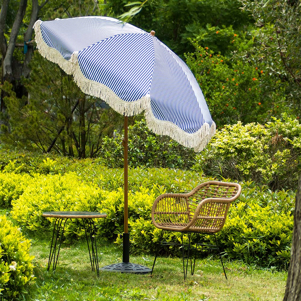 indian fringed patio umbrellas Gabriel Blue and White Striped Fringed Parasol with Tilt - daals