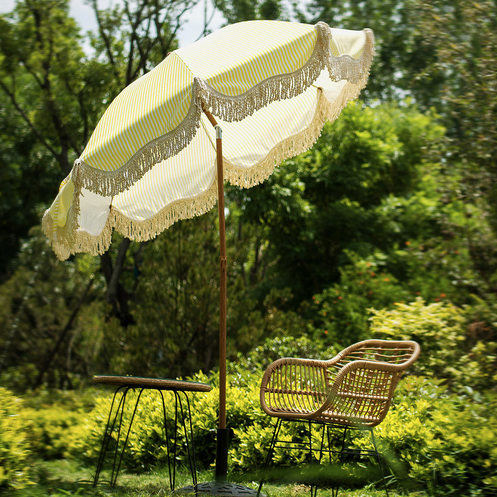 indian fringed patio umbrellas Block Print Beach & Garden Umbrella Sea portable umbrellas Gabriel Yellow and White Striped
