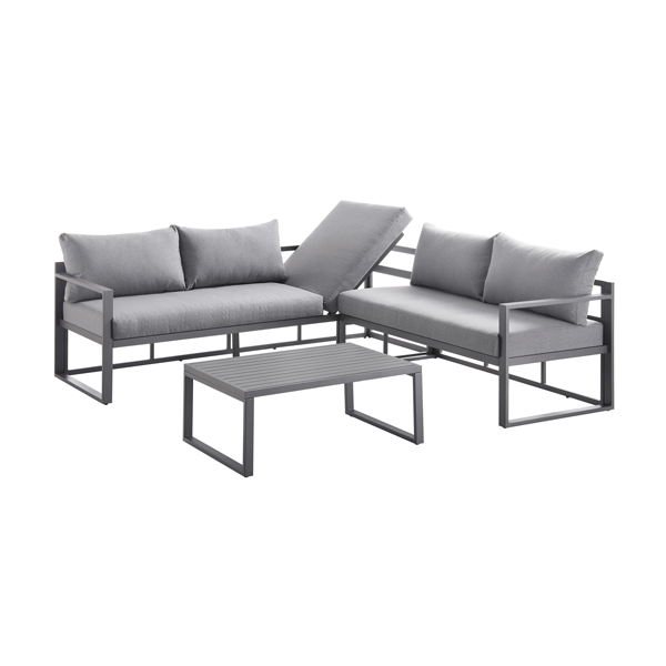 Albany Aluminum Corner Sofa Set with Reclining Back and Coffee Table, Gray