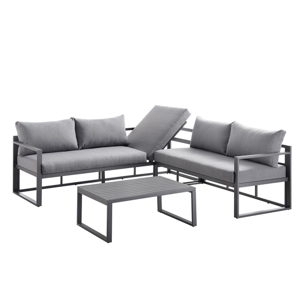 Albany Aluminum Corner Sofa Set with Reclining Back and Coffee Table, Gray